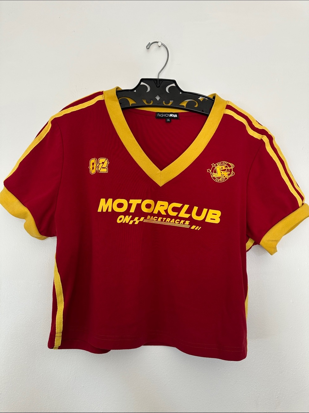 Fashion Nova Red & Yellow Motorclub VโNeck Crop Tee